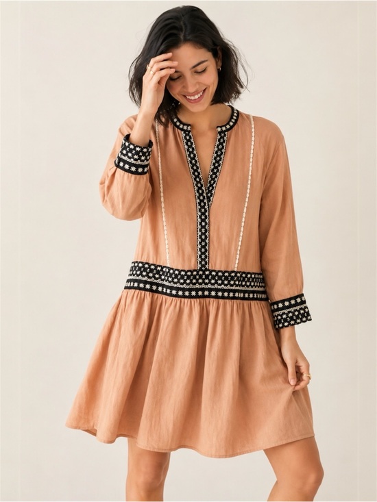 Zara Dresses & Skirts - Zara Linen Blend Embroidered Tunic Dress Large Boho Hi-Low Beige Burnt Orange
